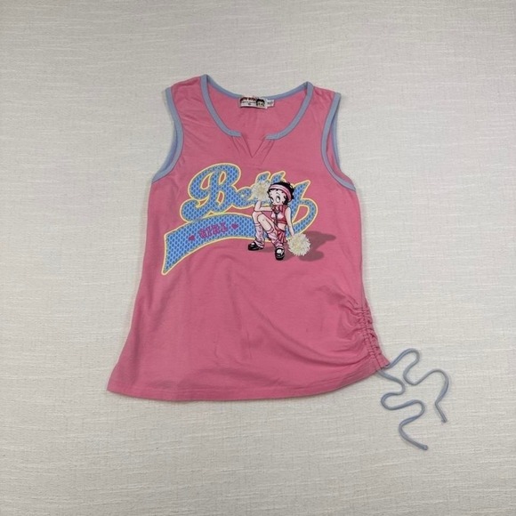 Betty Boop Tops - Y2K Betty Boop Cheerleader Tank Pink‎ Ruched McBling Top Womens S sporty workout